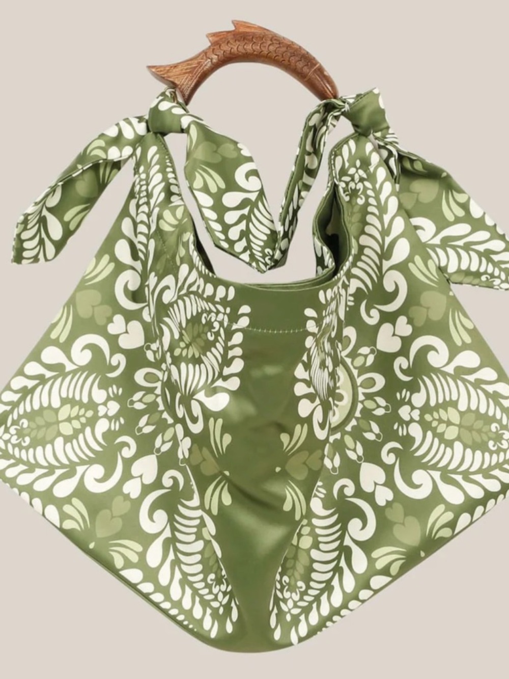 New farm rio like Green silk Scarf Tote with Carved Wood fish Handle - hats off